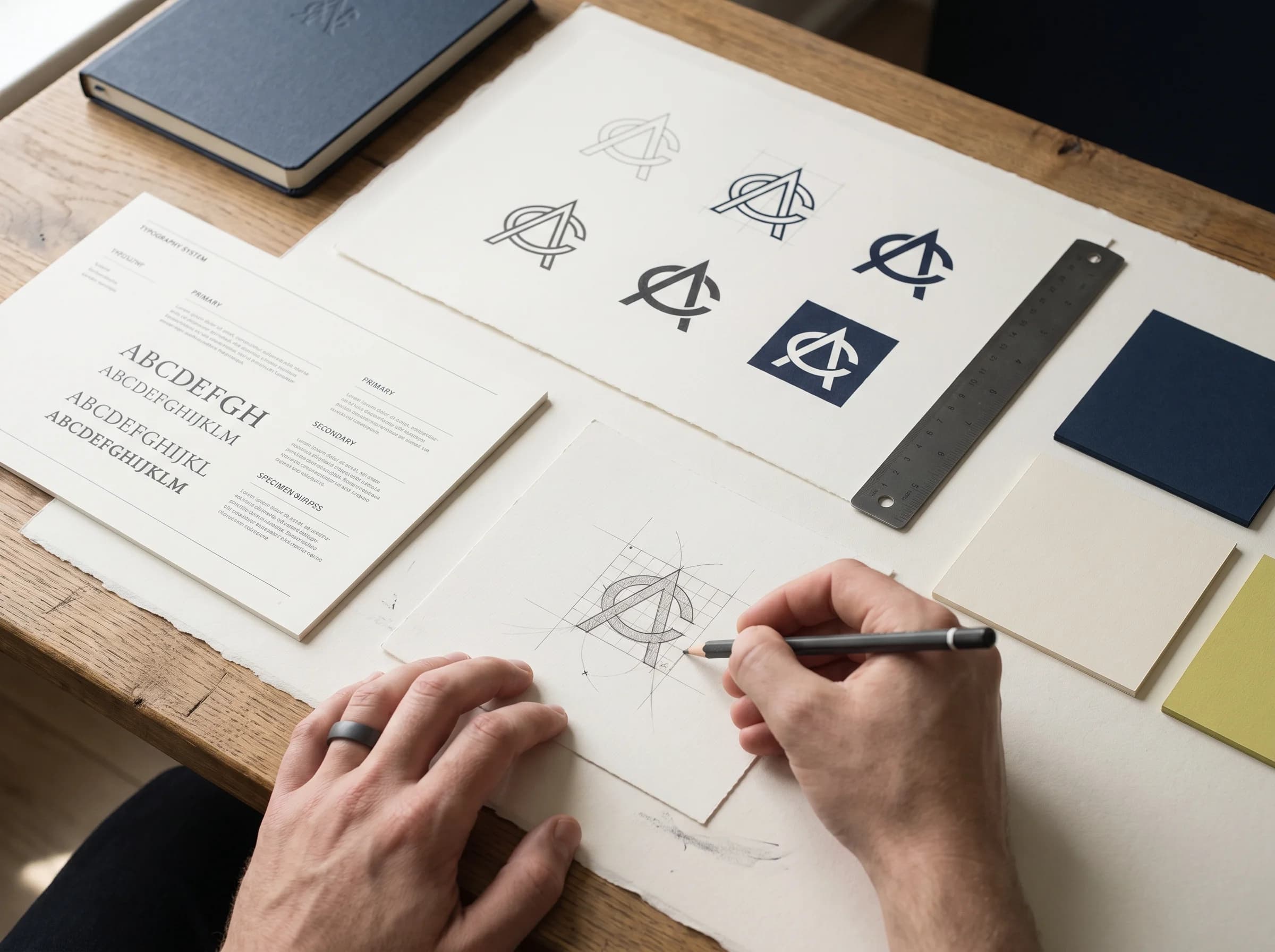 Brand identity cards and logo work on a table